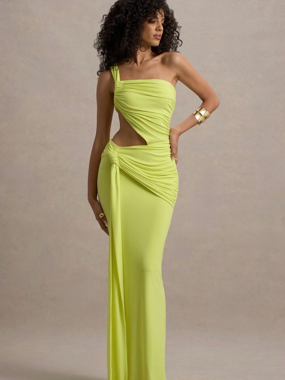 Club L London One-Shoulder Cutout Lime Evening Gown
